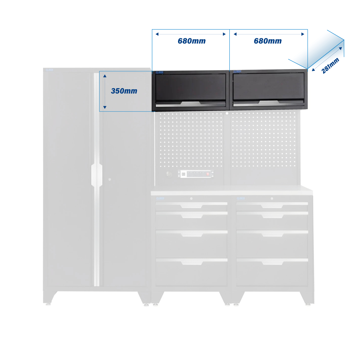SGS 7pc Modular Garage Storage | 8 Drawers | Stainless Steel Worktop | 2x Upper Cabinets | Tall Double Cabinet | Pegboard with Power Strip